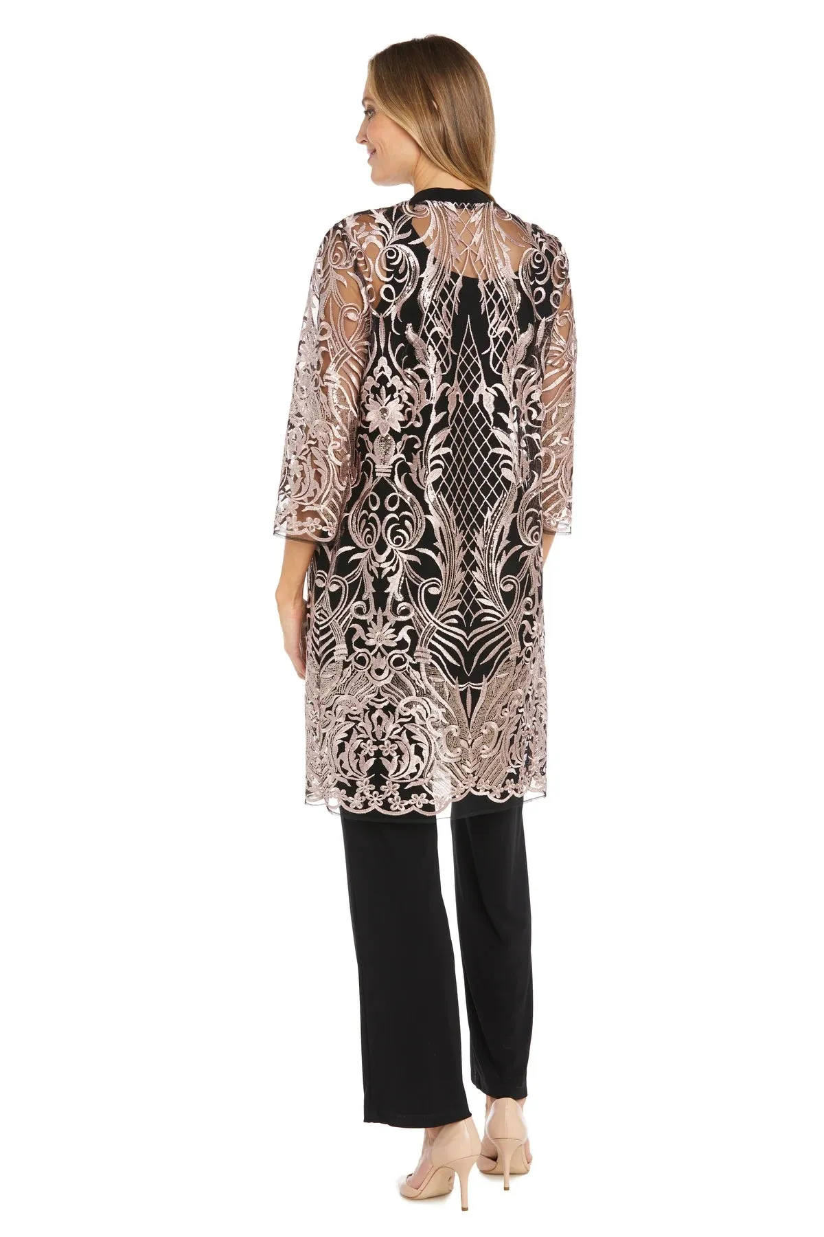 3PC Sequined Embroidered Lace Pantsuit Rose / Black