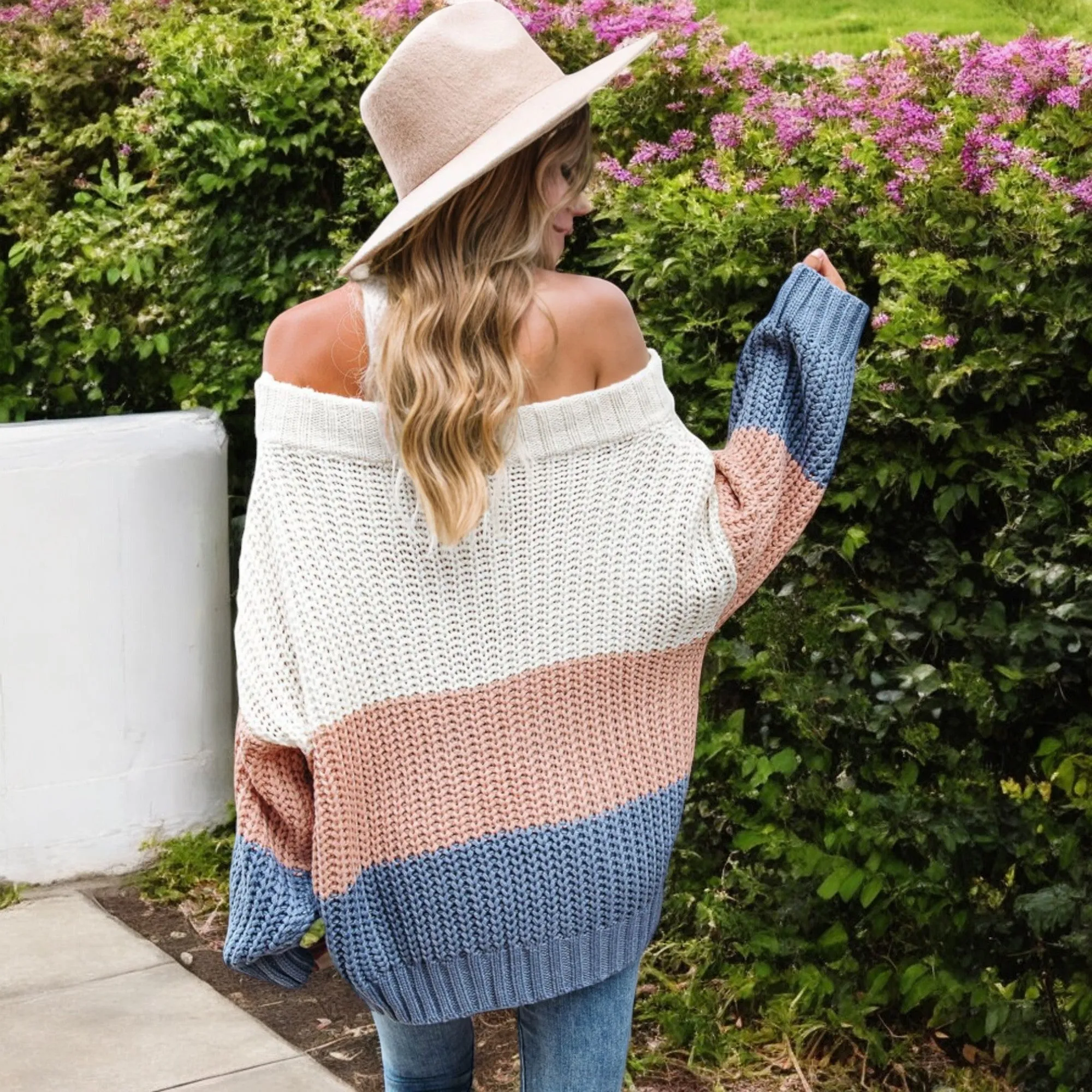 Anna-Kaci Women's Off Shoulder Color Block Knit Sweater with Long Sleeves