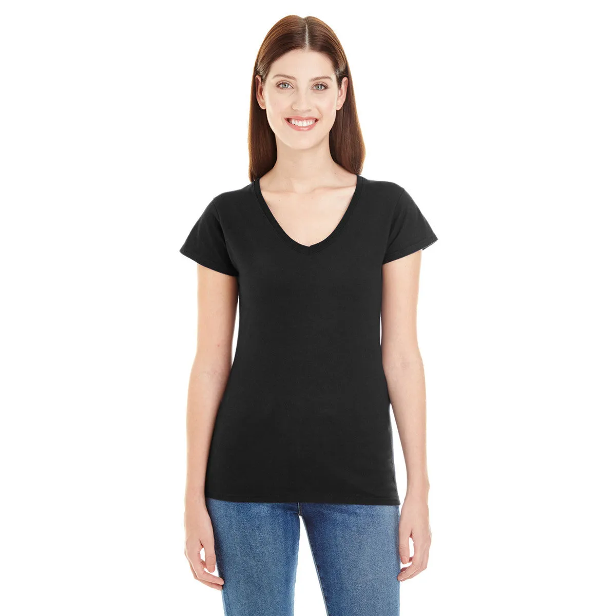 Anvil Women's Black Lightweight Fitted V-Neck Tee