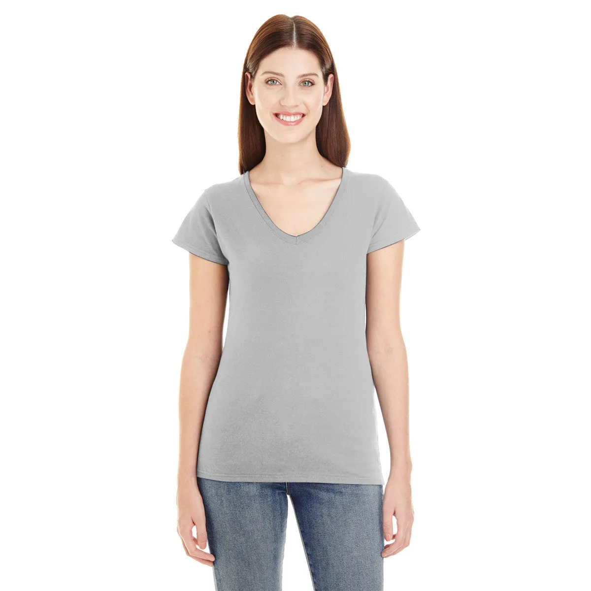 Anvil Women's Heather Grey Lightweight Fitted V-Neck Tee