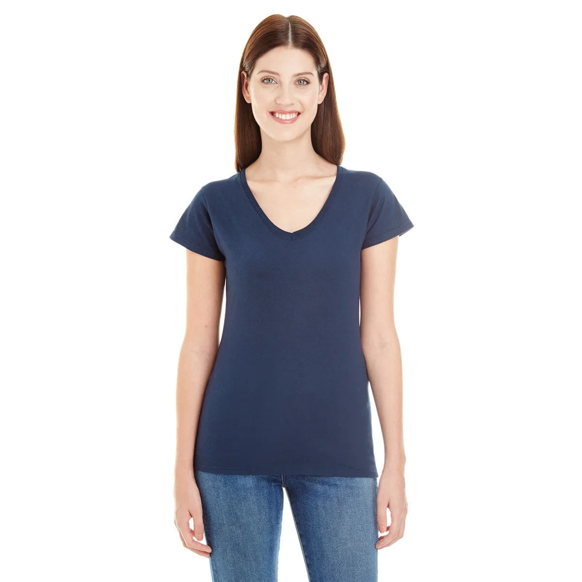 Anvil Women's Navy Lightweight Fitted V-Neck Tee