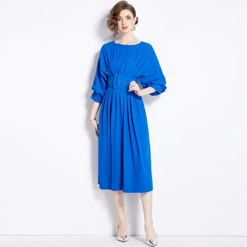 Bat Sleeve High Waist Pleated Dress with Belt