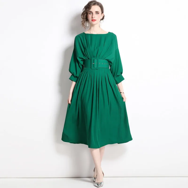 Bat Sleeve High Waist Pleated Dress with Belt