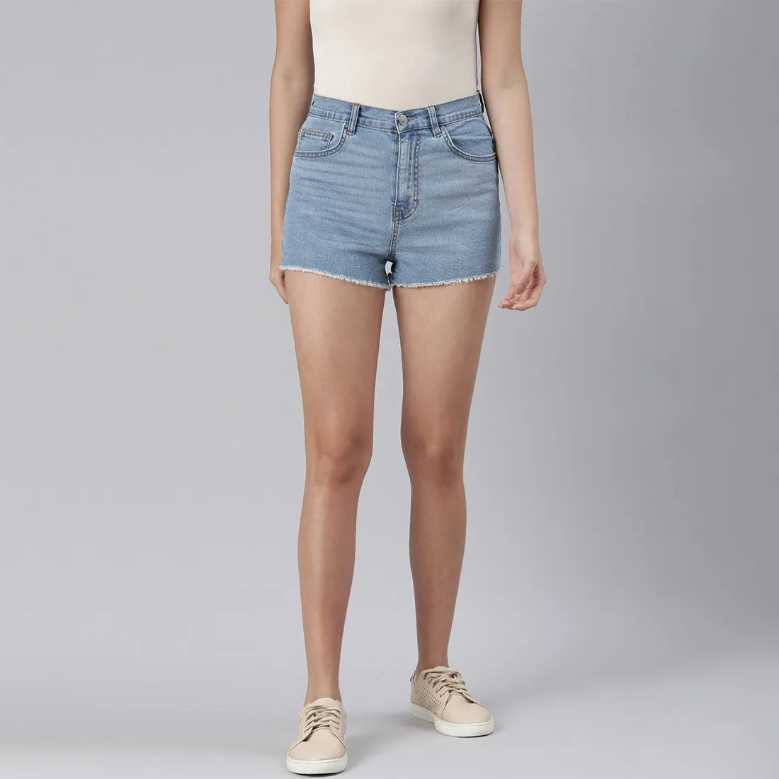Blue High Waist Raw Hem Shorts