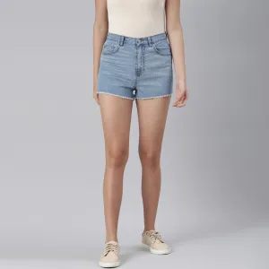 Blue High Waist Raw Hem Shorts