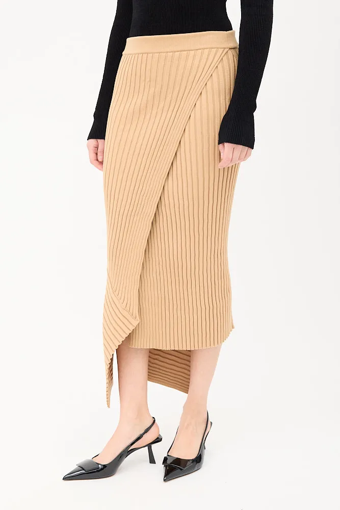 Brown Ribbed Knit Elevated Midi Skirt