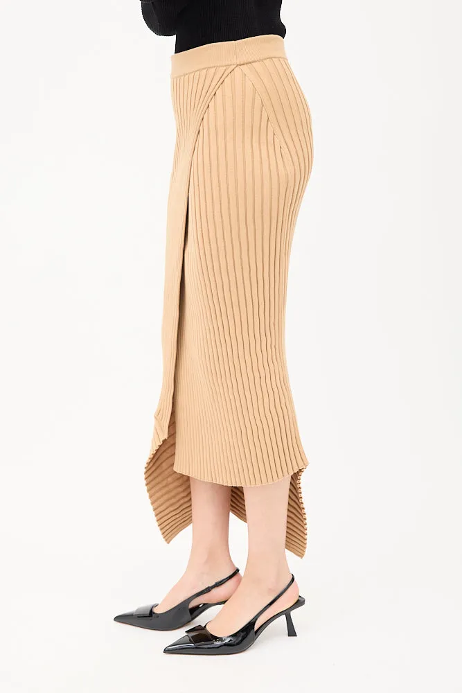 Brown Ribbed Knit Elevated Midi Skirt
