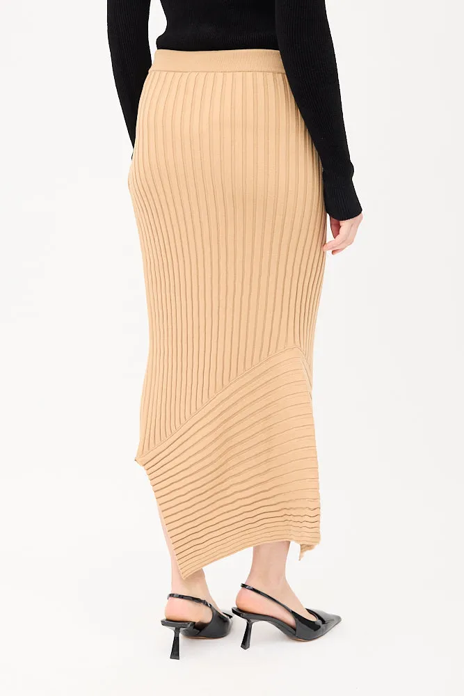 Brown Ribbed Knit Elevated Midi Skirt