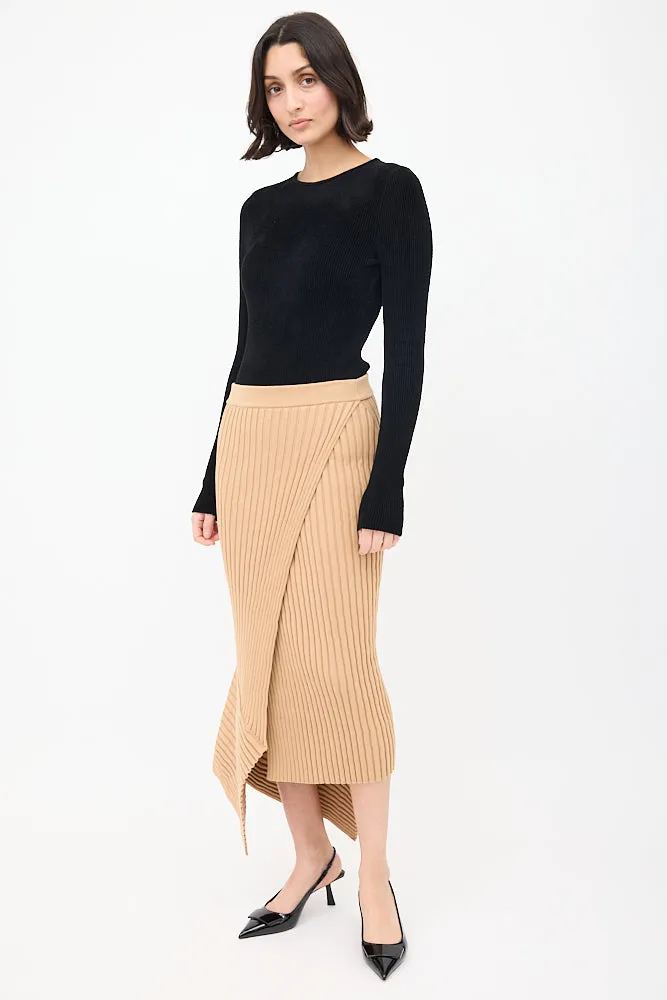 Brown Ribbed Knit Elevated Midi Skirt