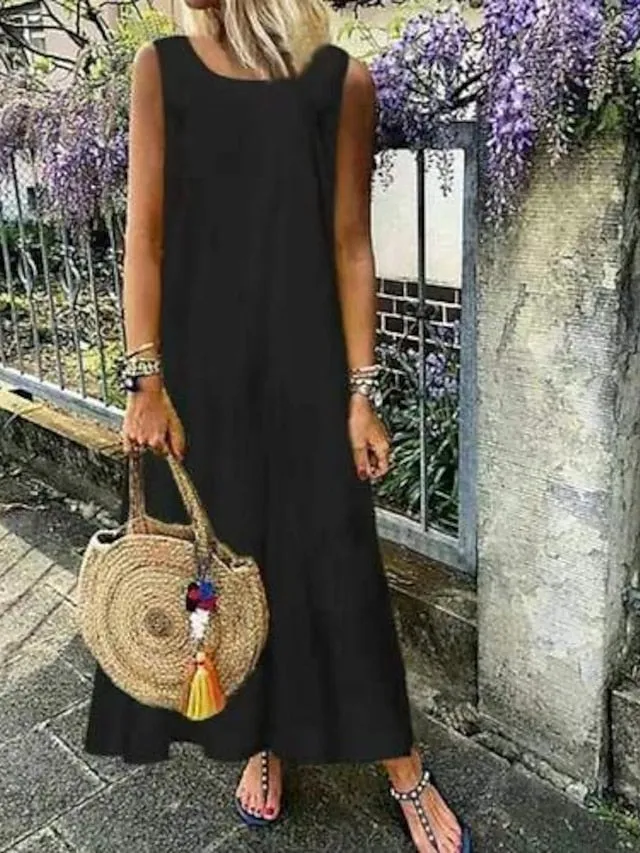 Casual Dress Shift Dress Maxi long Dress Black White Sleeveless Pure Color Summer Spring Crew Neck Fashion Vacation Summer Dress Spring Dress  S M L XL XXL 3XL for Women