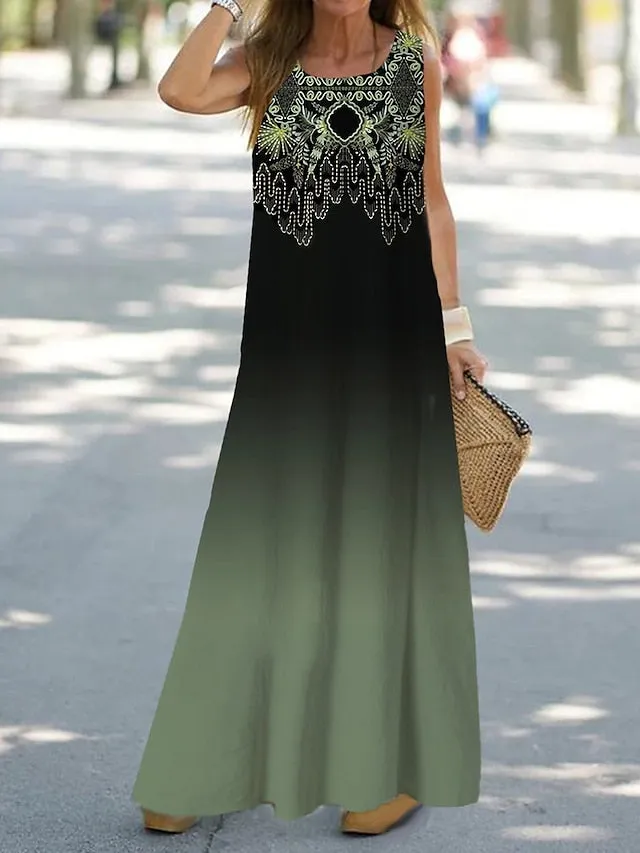 Casual Dress Shift Dress Tank Dress Floral Ombre Print Crew Neck Long Dress Maxi Dress Fashion Streetwear Outdoor Daily Sleeveless Loose Fit Black Royal Blue Blue Summer Spring S M L XL XXL for Women