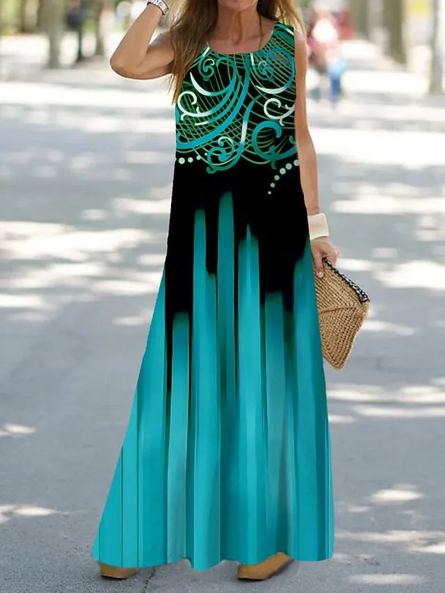 Casual Dress Shift Dress Tank Dress Floral Ombre Print Crew Neck Long Dress Maxi Dress Fashion Streetwear Outdoor Daily Sleeveless Loose Fit Black Royal Blue Blue Summer Spring S M L XL XXL for Women