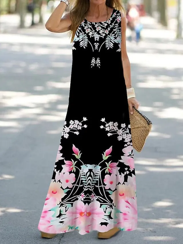 Casual Dress Shift Dress Tank Dress Floral Ombre Print Crew Neck Long Dress Maxi Dress Fashion Streetwear Outdoor Daily Sleeveless Loose Fit Black Royal Blue Blue Summer Spring S M L XL XXL for Women