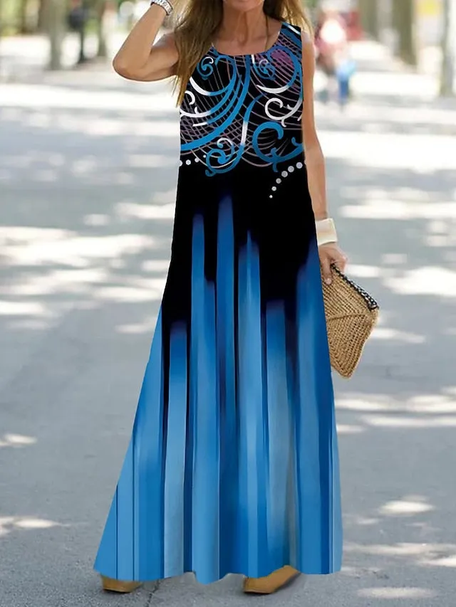 Casual Dress Shift Dress Tank Dress Floral Ombre Print Crew Neck Long Dress Maxi Dress Fashion Streetwear Outdoor Daily Sleeveless Loose Fit Black Royal Blue Blue Summer Spring S M L XL XXL for Women