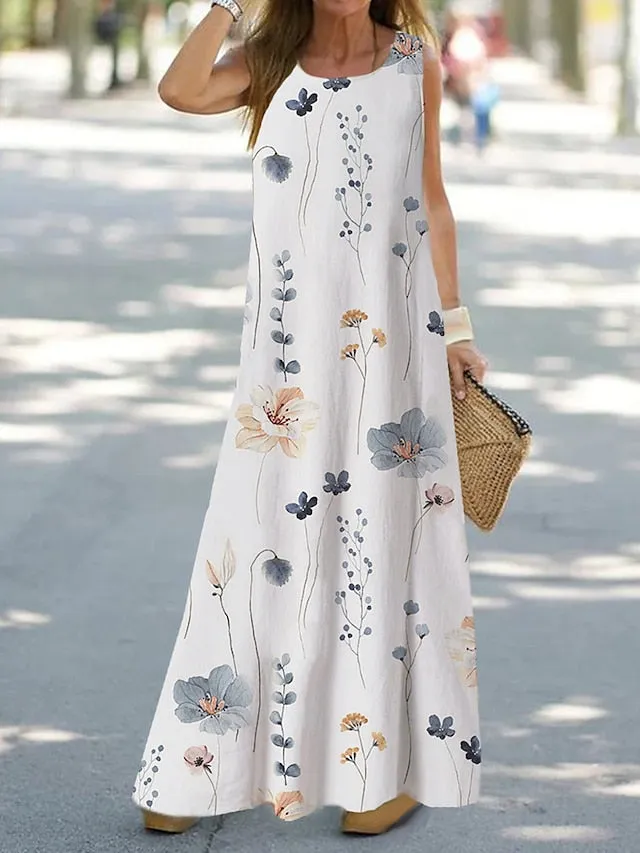Casual Dress Shift Dress Tank Dress Floral Print Crew Neck Long Dress Maxi Dress Fashion Streetwear Outdoor Daily Sleeveless Loose Fit White Blue Orange Summer Spring S M L XL XXL for Women
