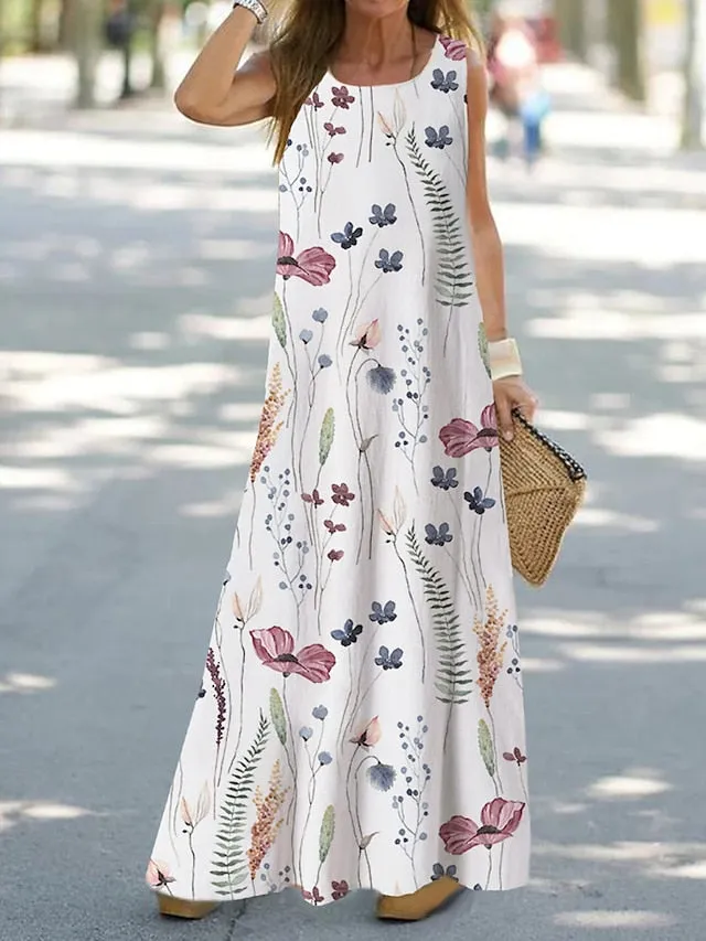 Casual Dress Shift Dress Tank Dress Floral Print Crew Neck Long Dress Maxi Dress Fashion Streetwear Outdoor Daily Sleeveless Loose Fit White Blue Orange Summer Spring S M L XL XXL for Women