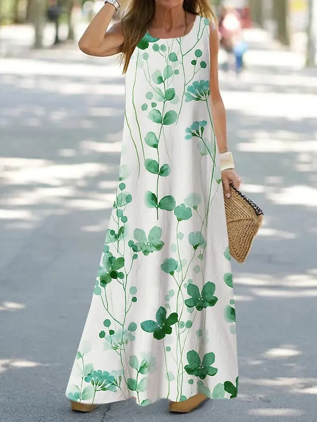 Casual Dress Shift Dress Tank Dress Floral Print Crew Neck Long Dress Maxi Dress Fashion Streetwear Outdoor Daily Sleeveless Loose Fit White Blue Orange Summer Spring S M L XL XXL for Women