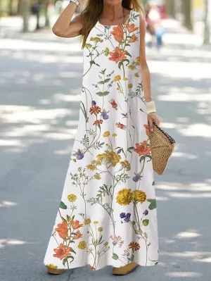 Casual Dress Shift Dress Tank Dress Floral Print Crew Neck Long Dress Maxi Dress Fashion Streetwear Outdoor Daily Sleeveless Loose Fit White Blue Orange Summer Spring S M L XL XXL for Women