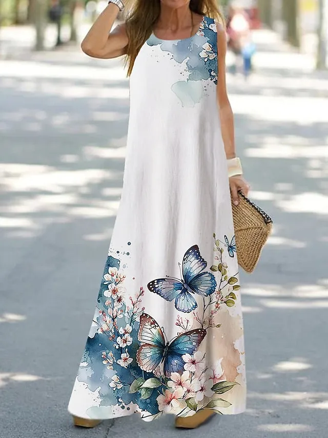 Casual Dress Shift Dress Tank Dress Floral Print Crew Neck Long Dress Maxi Dress Fashion Streetwear Outdoor Daily Sleeveless Loose Fit White Blue Orange Summer Spring S M L XL XXL for Women