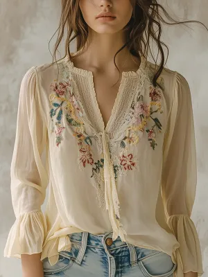 Casual V-neck Embroidered Linen Long-sleeved Shirt