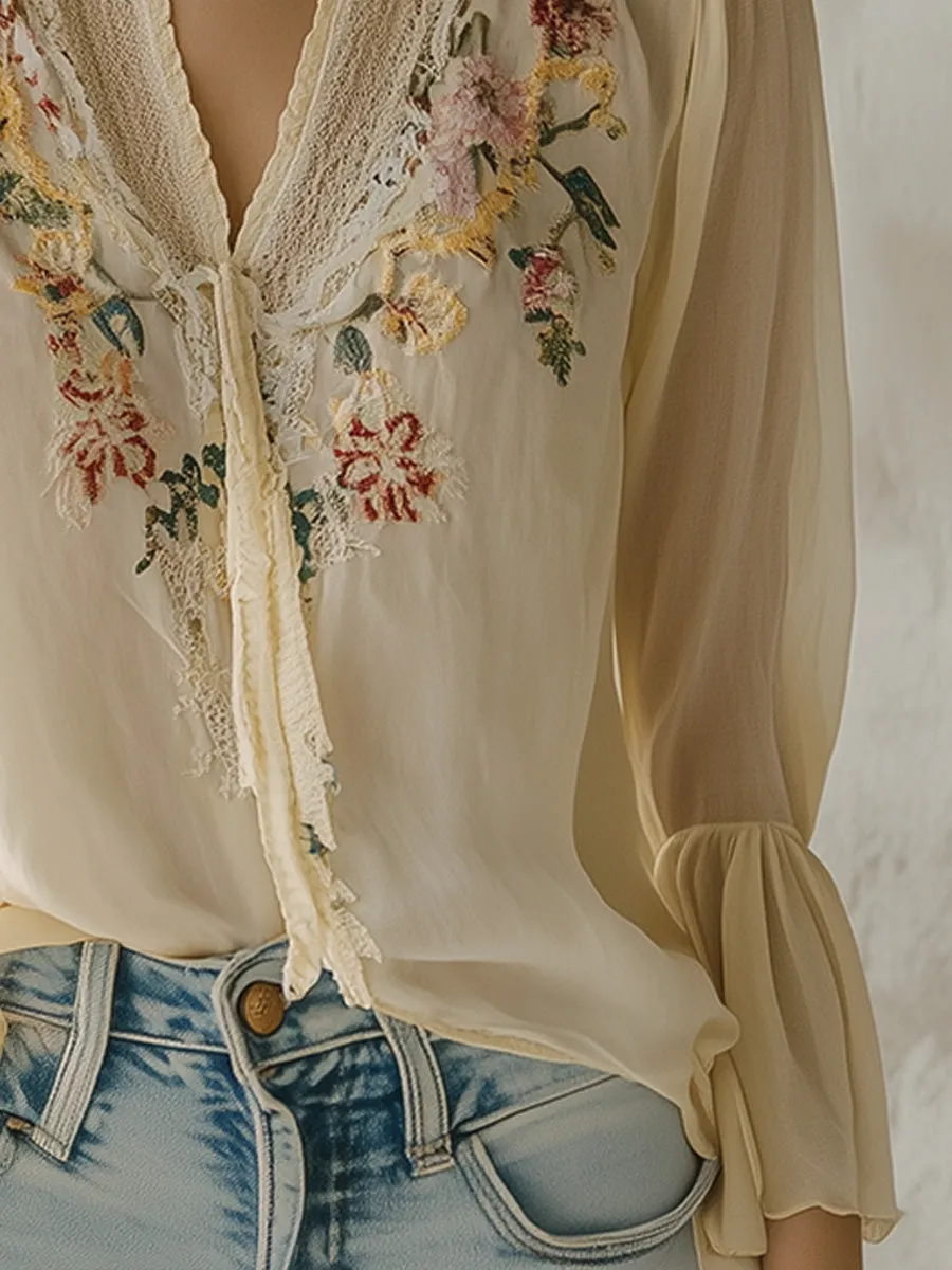 Casual V-neck Embroidered Linen Long-sleeved Shirt