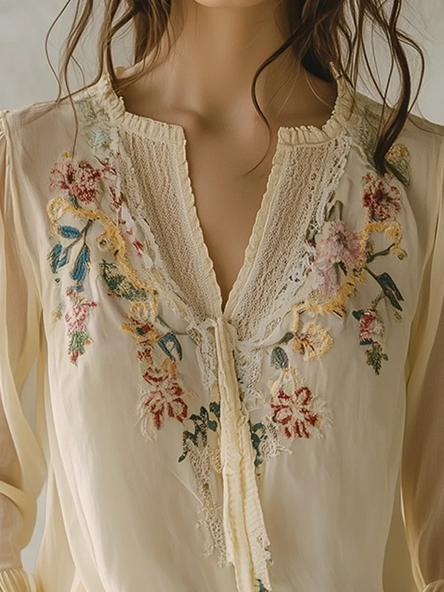 Casual V-neck Embroidered Linen Long-sleeved Shirt