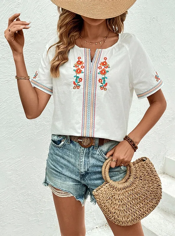 Casual V-neck Embroidered Shirt