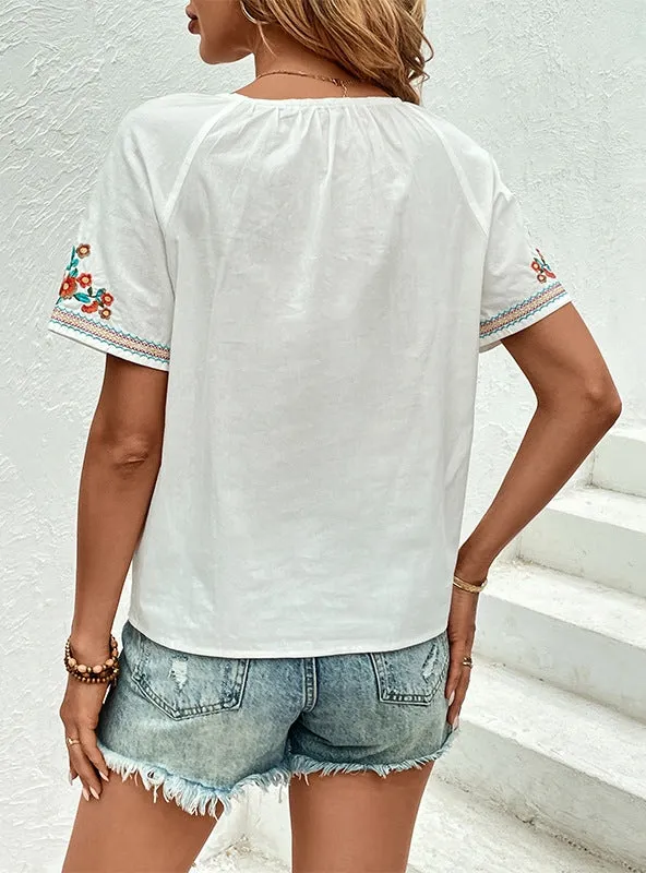 Casual V-neck Embroidered Shirt
