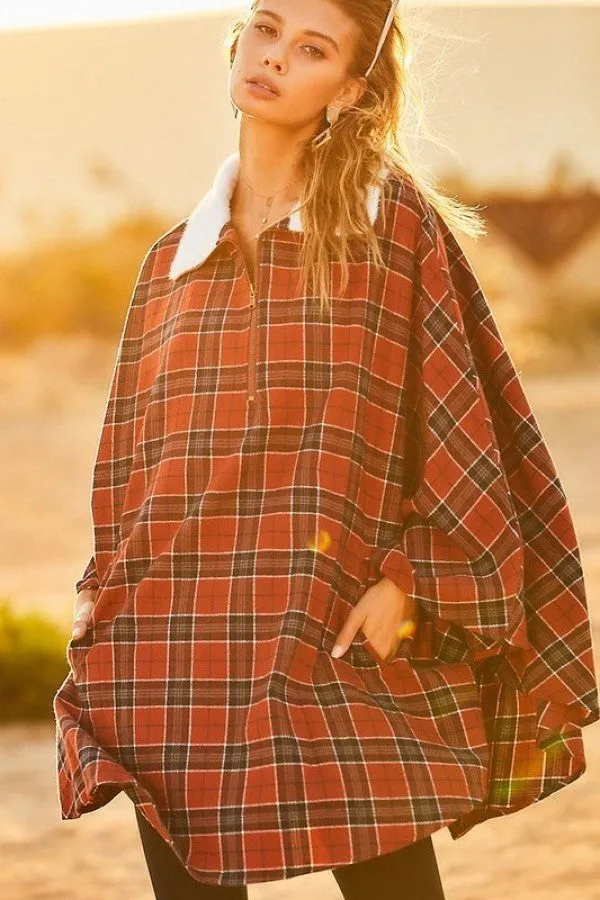 Collar Front Zipper Contrast Front Pocket Plaid Pullover Poncho_