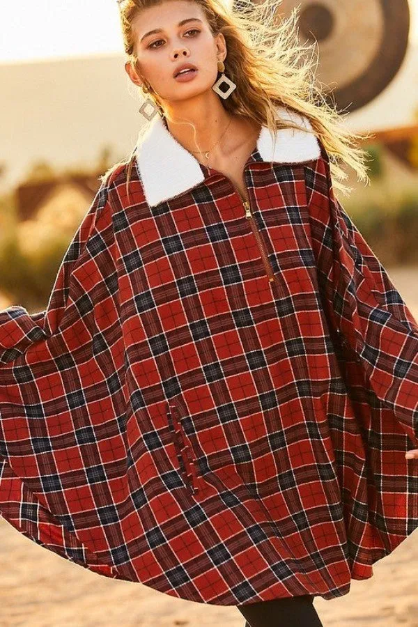 Collar Front Zipper Contrast Front Pocket Plaid Pullover Poncho_