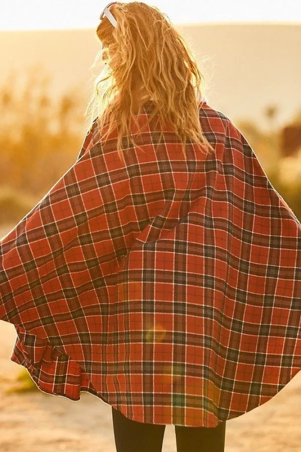 Collar Front Zipper Contrast Front Pocket Plaid Pullover Poncho_