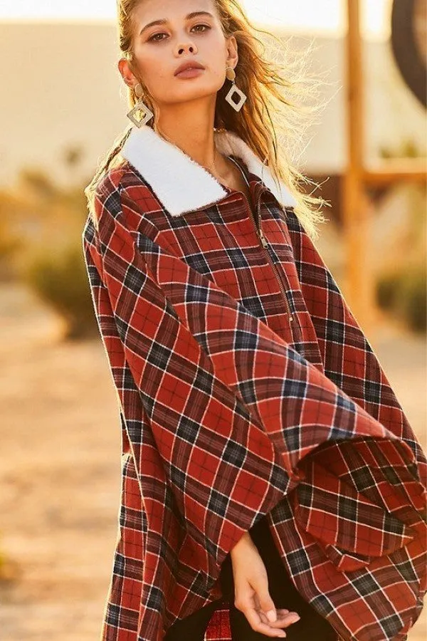 Collar Front Zipper Contrast Front Pocket Plaid Pullover Poncho_