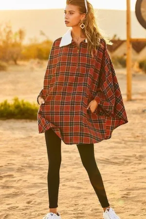 Collar Front Zipper Contrast Front Pocket Plaid Pullover Poncho_