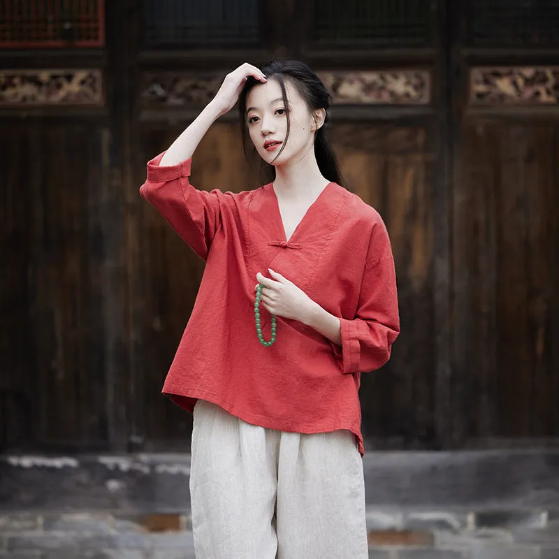 Cotton & Linen V Neck Loose Traditional Chinese Blouse