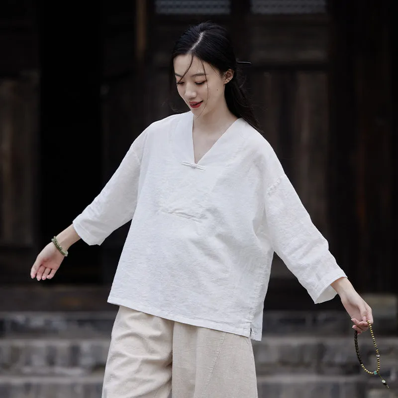 Cotton & Linen V Neck Loose Traditional Chinese Blouse