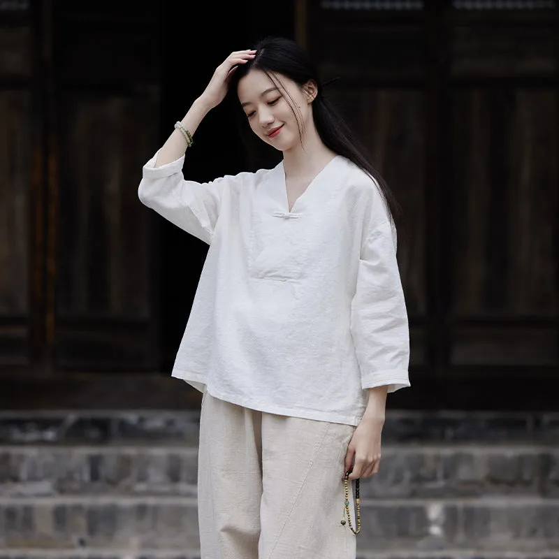 Cotton & Linen V Neck Loose Traditional Chinese Blouse
