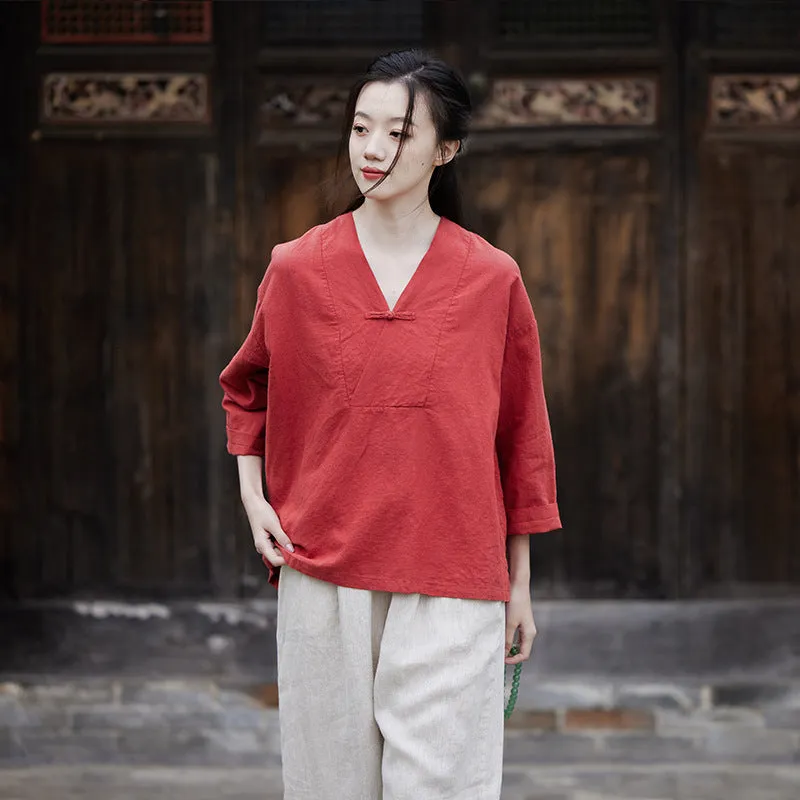 Cotton & Linen V Neck Loose Traditional Chinese Blouse