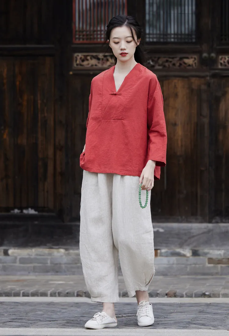 Cotton & Linen V Neck Loose Traditional Chinese Blouse