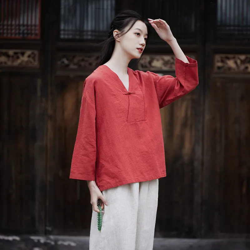 Cotton & Linen V Neck Loose Traditional Chinese Blouse