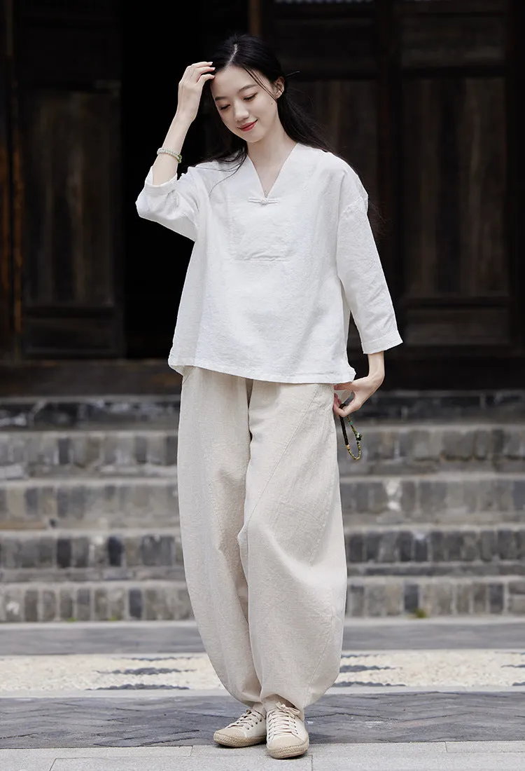Cotton & Linen V Neck Loose Traditional Chinese Blouse