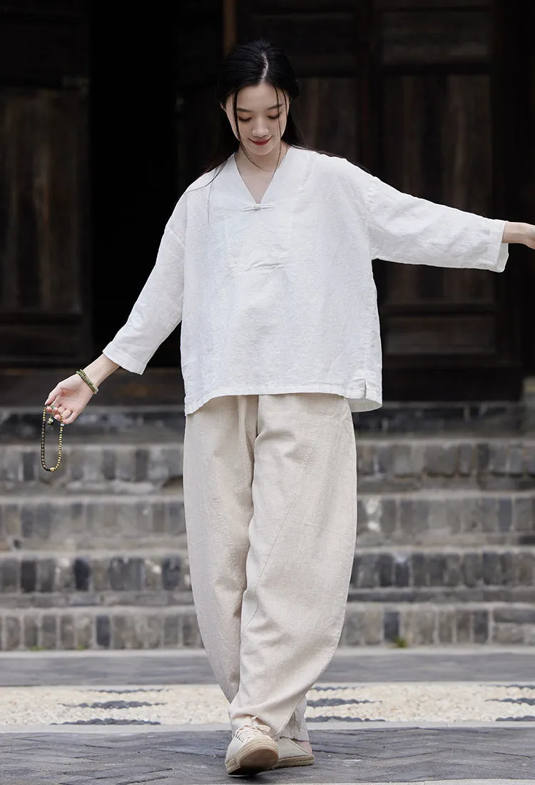 Cotton & Linen V Neck Loose Traditional Chinese Blouse