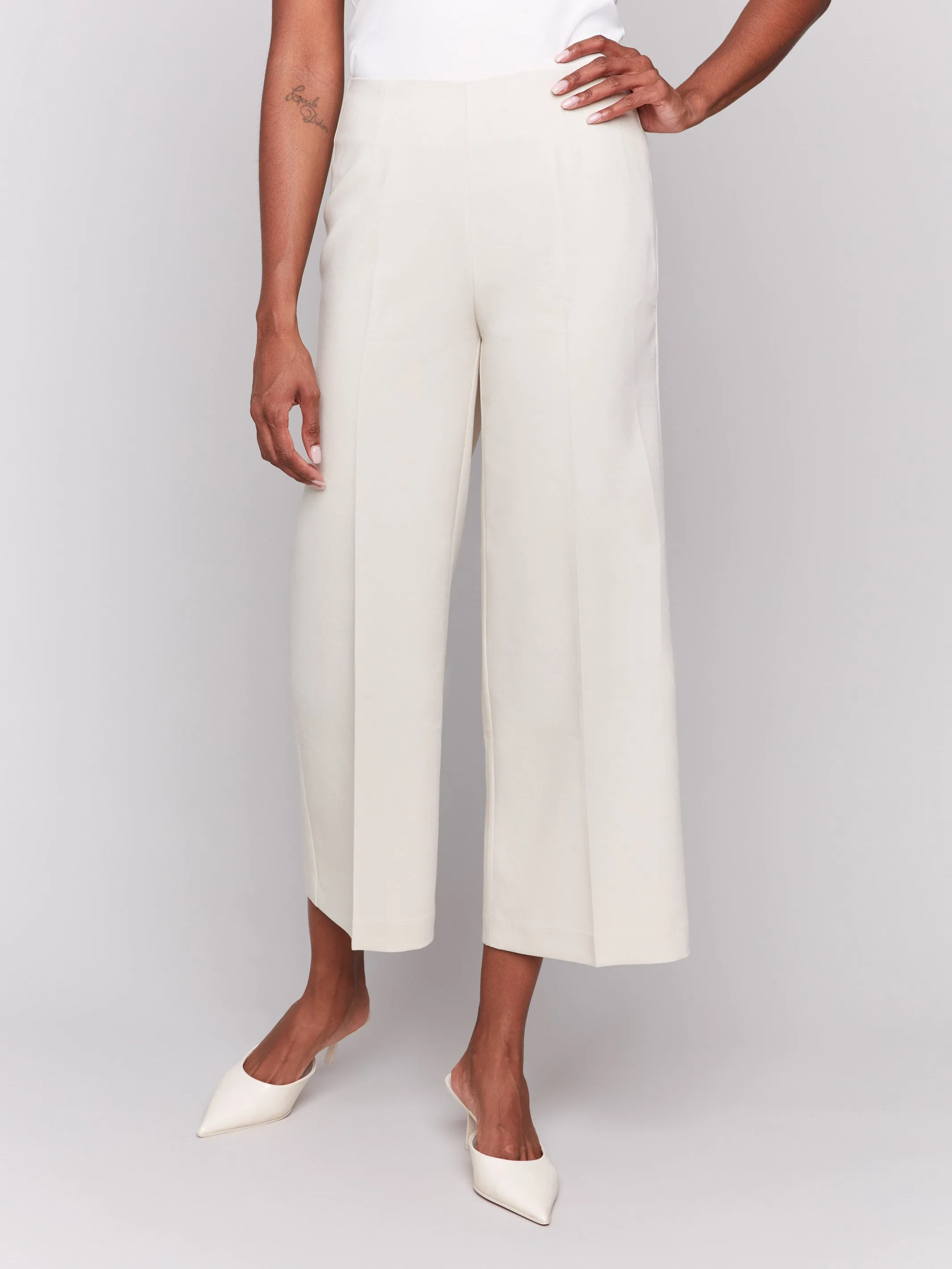 Cropped Wide Leg Pants - Beige