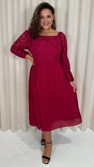 CurveWow Square Neck Lace Top Pleated Dress Wine