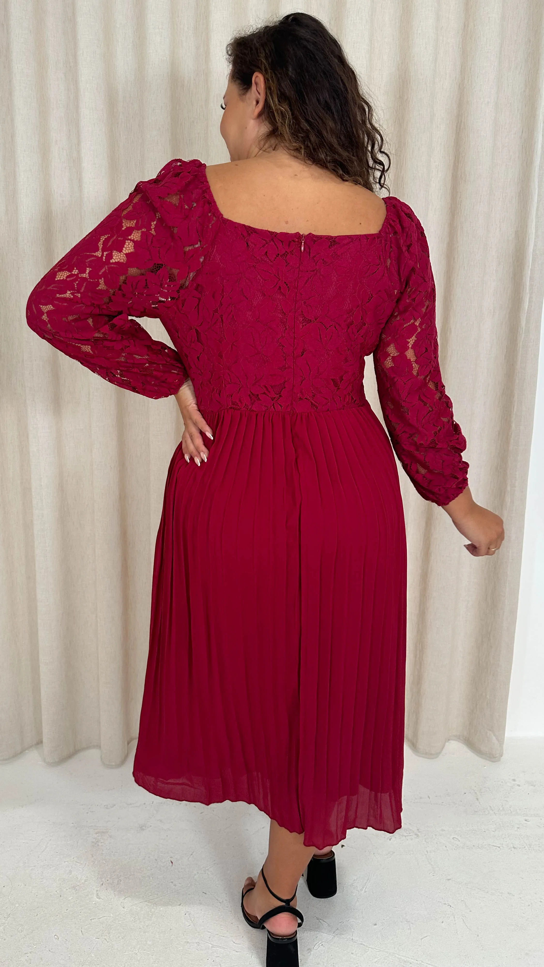 CurveWow Square Neck Lace Top Pleated Dress Wine