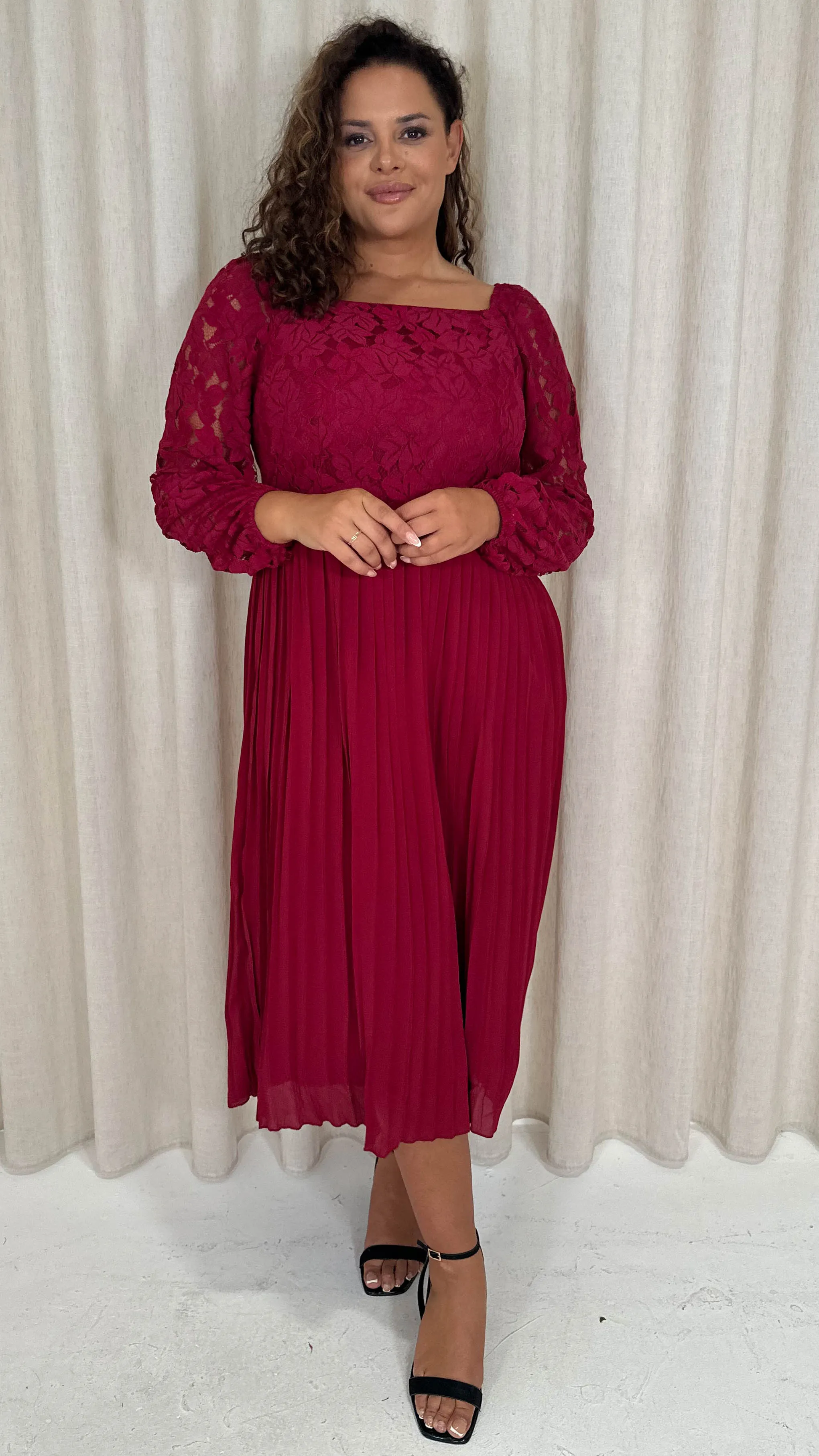 CurveWow Square Neck Lace Top Pleated Dress Wine