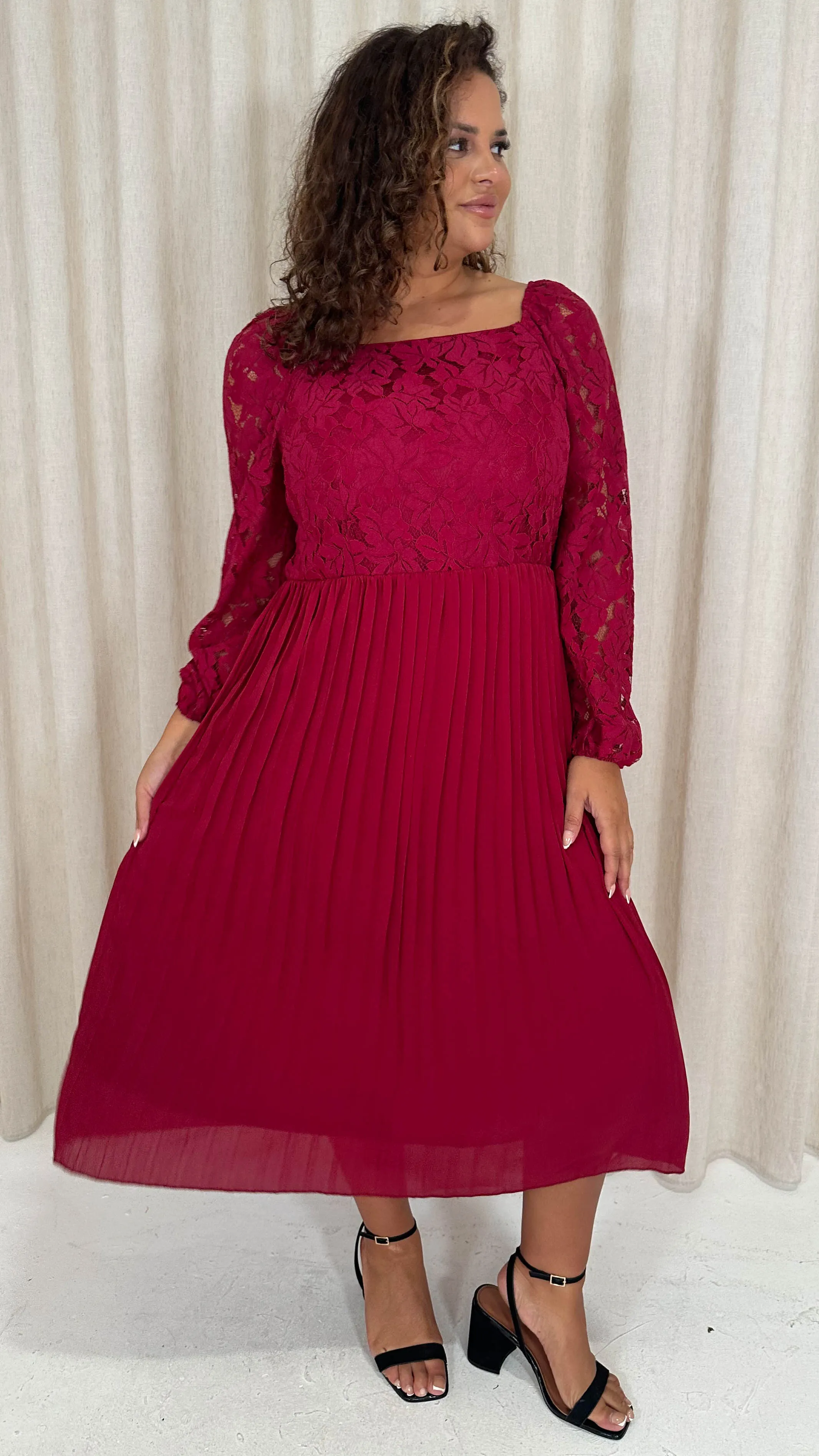 CurveWow Square Neck Lace Top Pleated Dress Wine