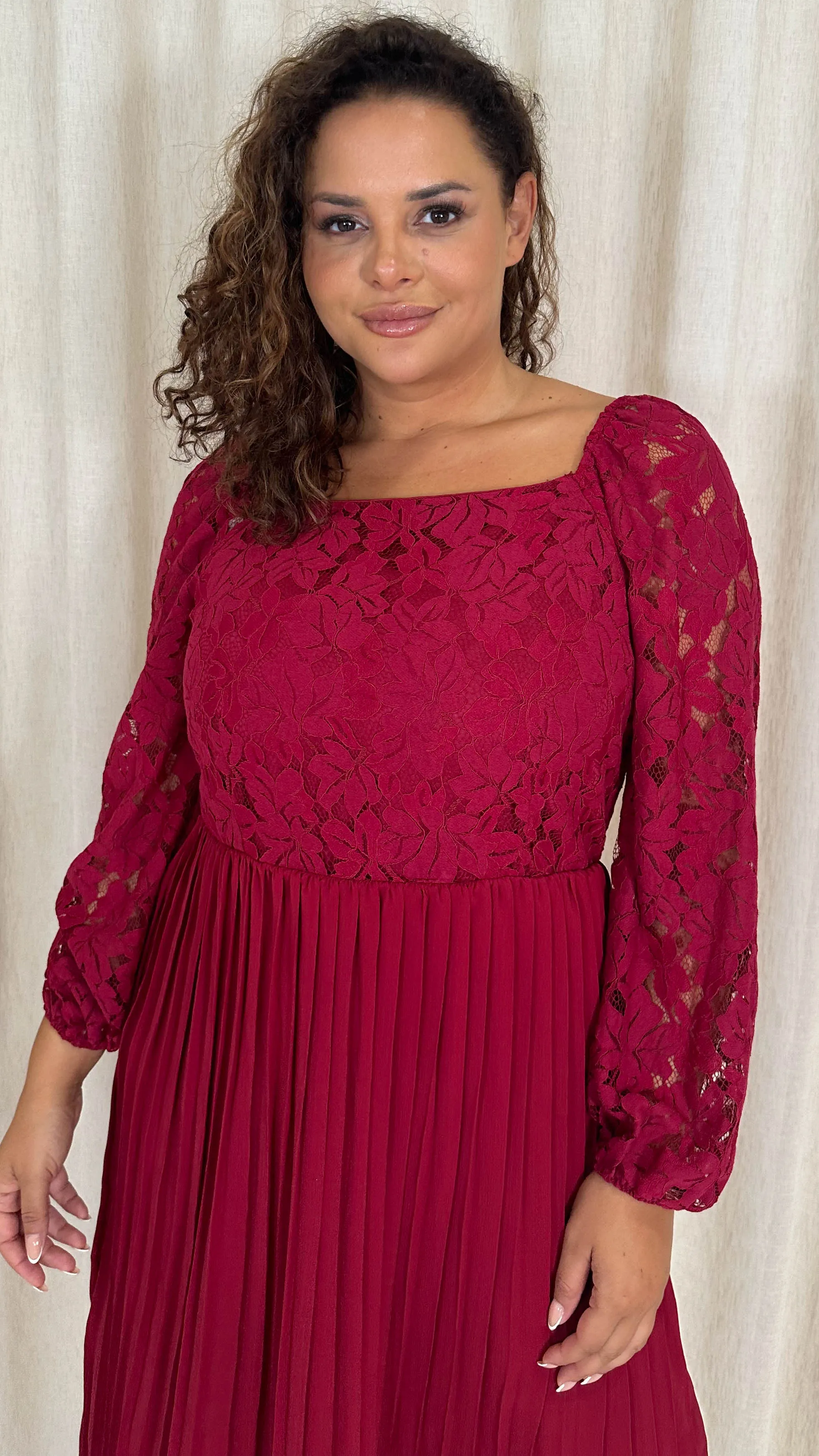 CurveWow Square Neck Lace Top Pleated Dress Wine