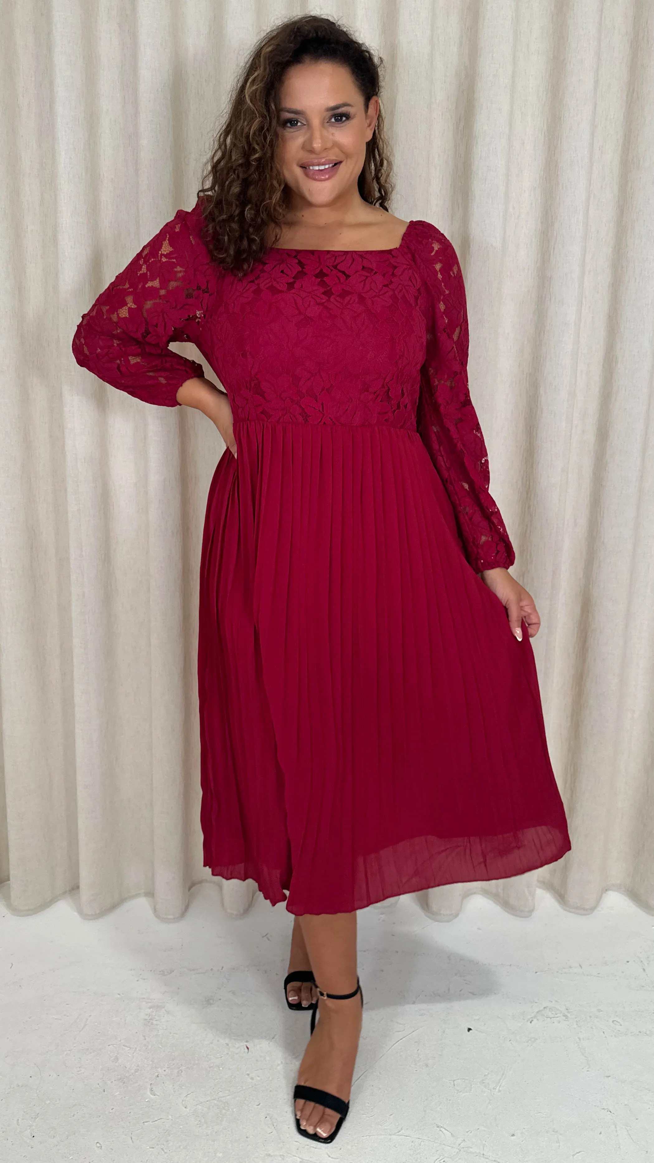 CurveWow Square Neck Lace Top Pleated Dress Wine