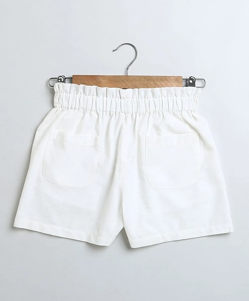 Denim Floral Embroidery Top & White Linen Shorts Co-ord Set