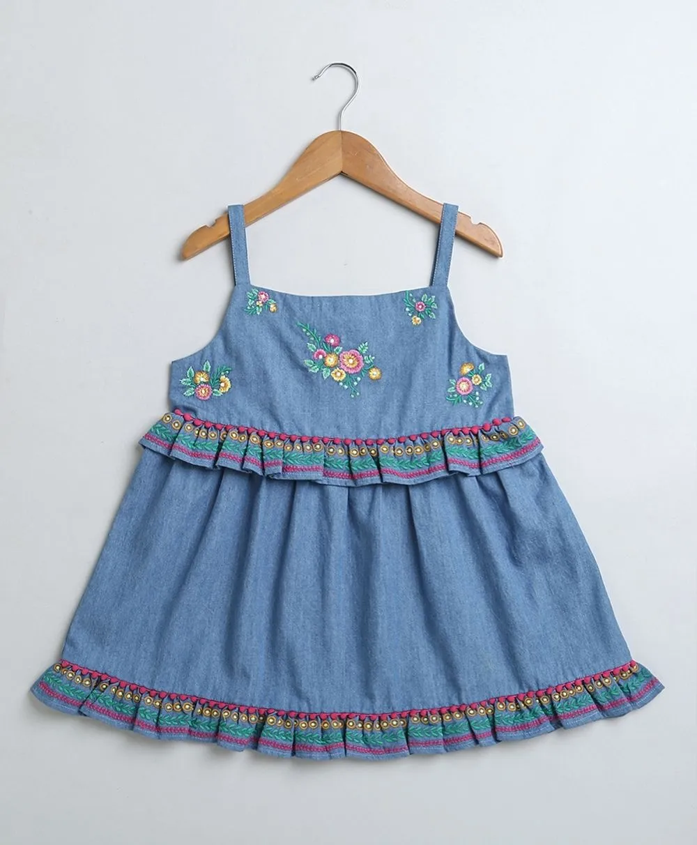 Denim Floral Embroidery Top & White Linen Shorts Co-ord Set